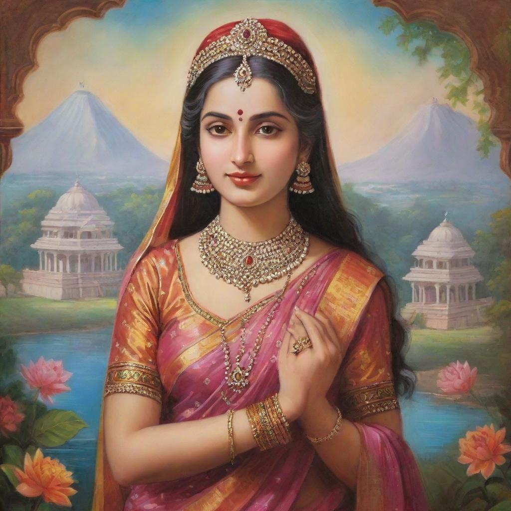 A vibrant and serene image of Radha Rani, epitome of divine love in Hindu lore, clad in traditional attire, surrounded by the beautiful landscapes of Vrindavan.