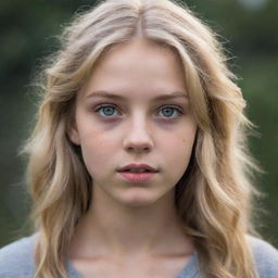 Detailed portrait of a teenage girl with blonde hair and stormy grey eyes, holding a secret wisdom and natural intelligence in her gaze.