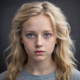 Detailed portrait of a teenage girl with blonde hair and stormy grey eyes, holding a secret wisdom and natural intelligence in her gaze.