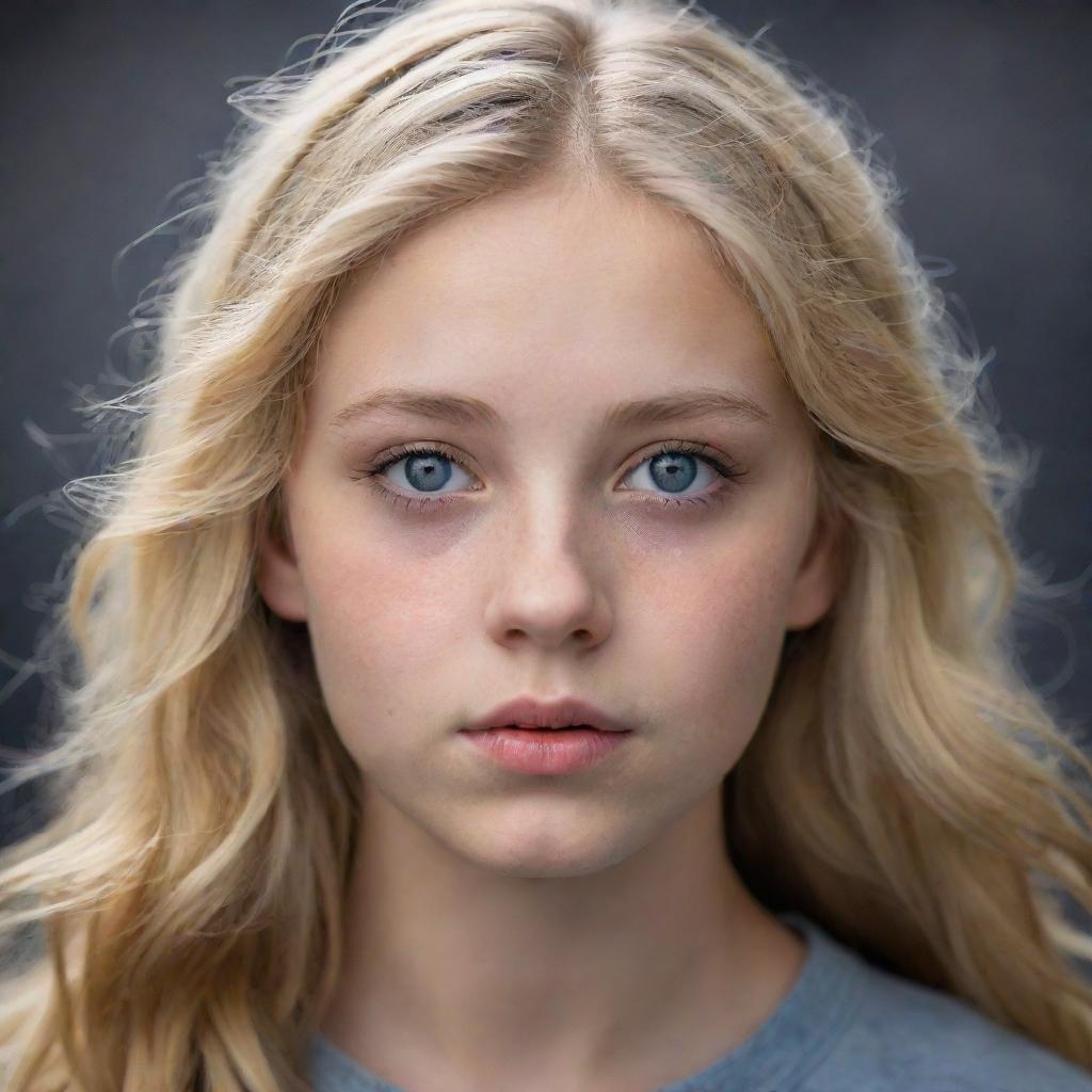 Detailed portrait of a teenage girl with blonde hair and stormy grey eyes, holding a secret wisdom and natural intelligence in her gaze.