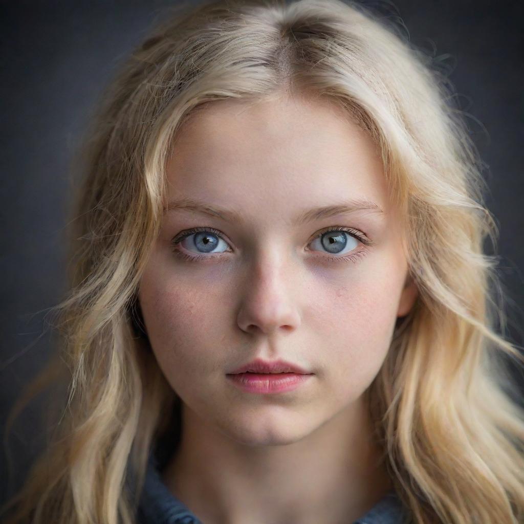 Detailed portrait of a teenage girl with blonde hair and stormy grey eyes, holding a secret wisdom and natural intelligence in her gaze.