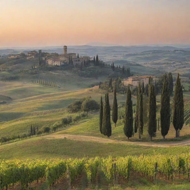 Generate an image of a Tuscan landscape during sunset, featuring rolling hills, cypress trees, and a vineyard