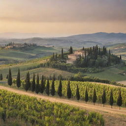 Generate an image of a Tuscan landscape during sunset, featuring rolling hills, cypress trees, and a vineyard