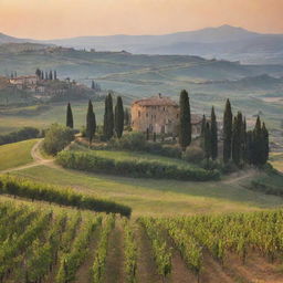 Generate an image of a Tuscan landscape during sunset, featuring rolling hills, cypress trees, and a vineyard