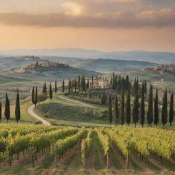 Generate an image of a Tuscan landscape during sunset, featuring rolling hills, cypress trees, and a vineyard