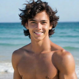 A slightly tanned, moderately muscular teenage guy with wavy black hair, sea-green eyes, and a mischievous smile.