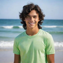 A slightly tanned, moderately muscular teenage guy with wavy black hair, sea-green eyes, and a mischievous smile.