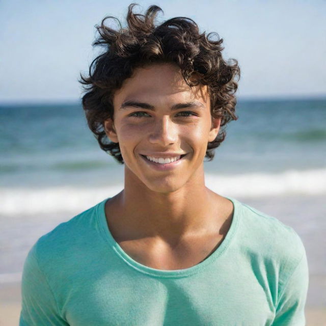 A slightly tanned, moderately muscular teenage guy with wavy black hair, sea-green eyes, and a mischievous smile.