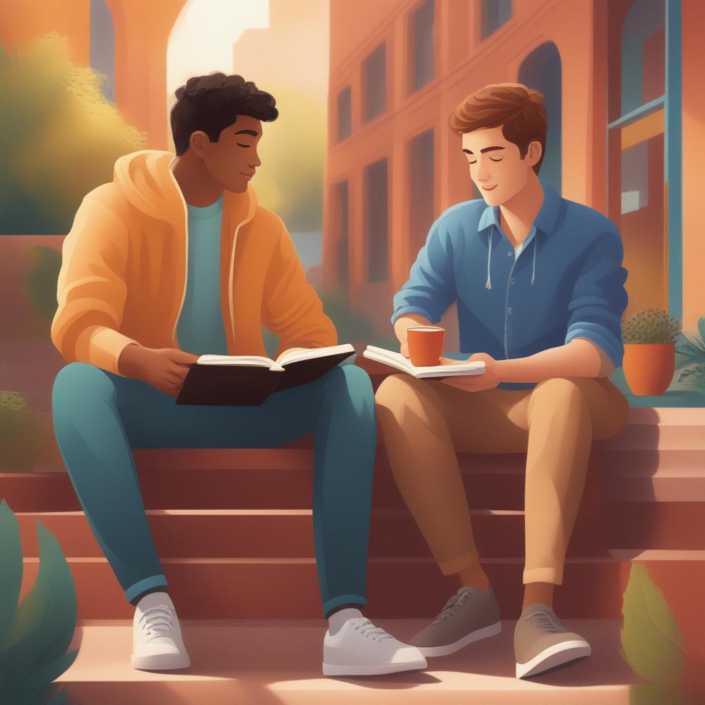 A high-quality digital illustration depicts two Caucasian young men in a vibrant college setting