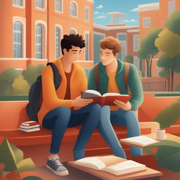 A high-quality digital illustration depicts two Caucasian young men in a vibrant college setting