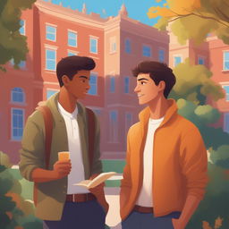 A high-quality digital illustration depicts two Caucasian young men in a vibrant college setting