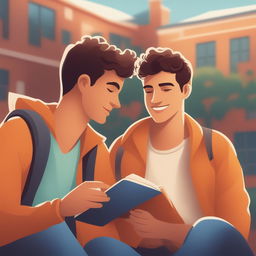 A high-quality digital illustration depicts two Caucasian young men in a vibrant college setting