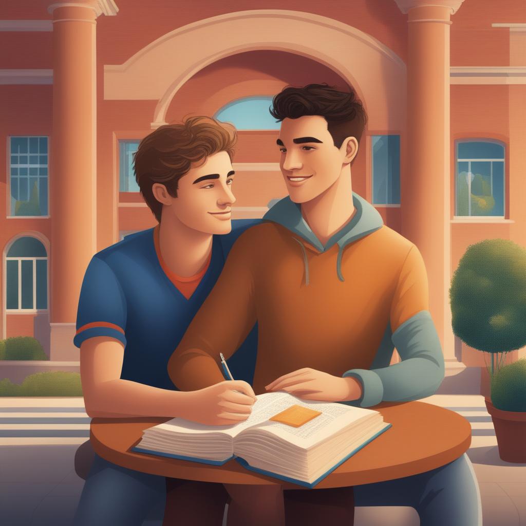 A high-quality chapter illustration for a book, depicting two Caucasian young men in a vibrant college setting