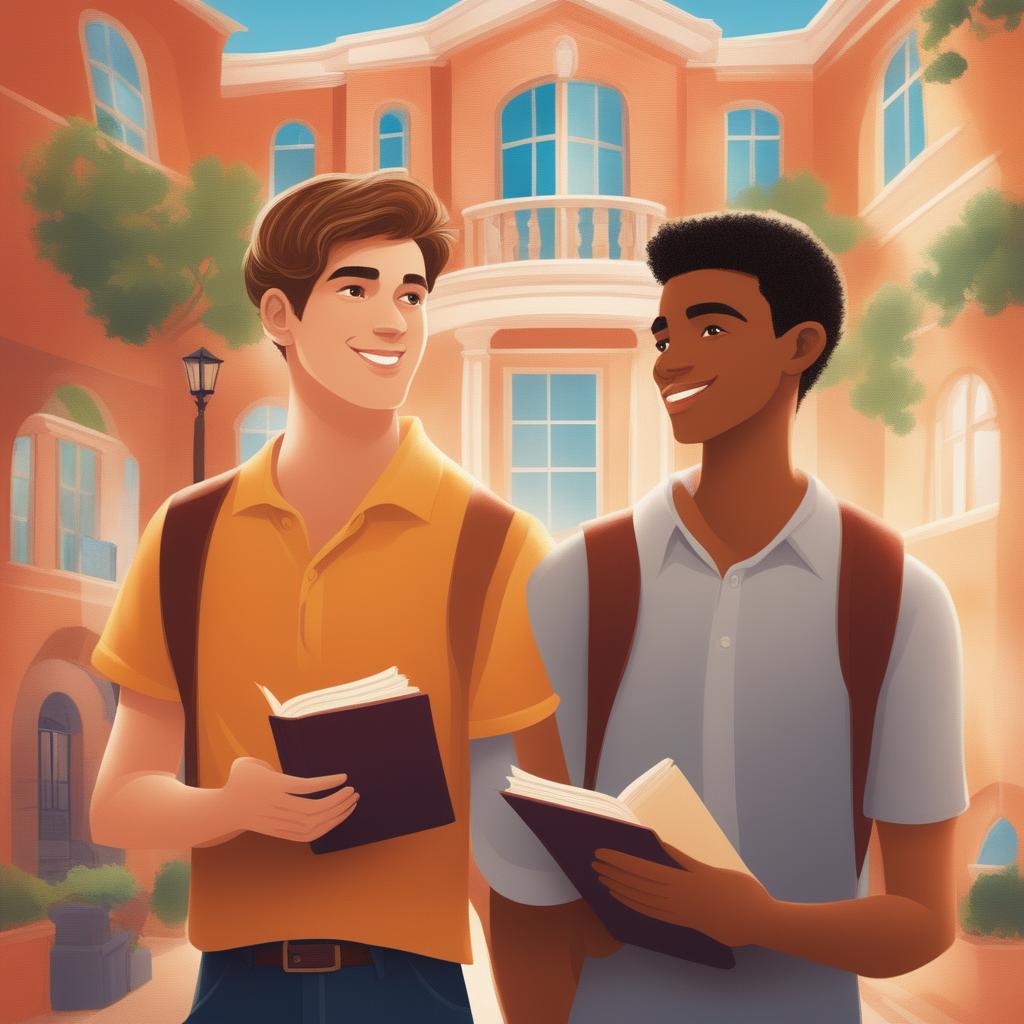 A high-quality chapter illustration for a book, depicting two Caucasian young men in a vibrant college setting