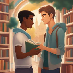 A high-quality chapter illustration for a book, depicting two Caucasian young men in a vibrant college setting