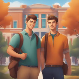 A high-quality chapter illustration for a book, depicting two Caucasian young men in a vibrant college setting