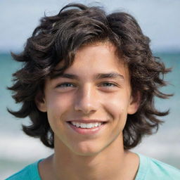 A teenage boy with wavy black hair and sea-green eyes. He has a mischievous smile, slightly tanned skin and a somewhat muscular build.