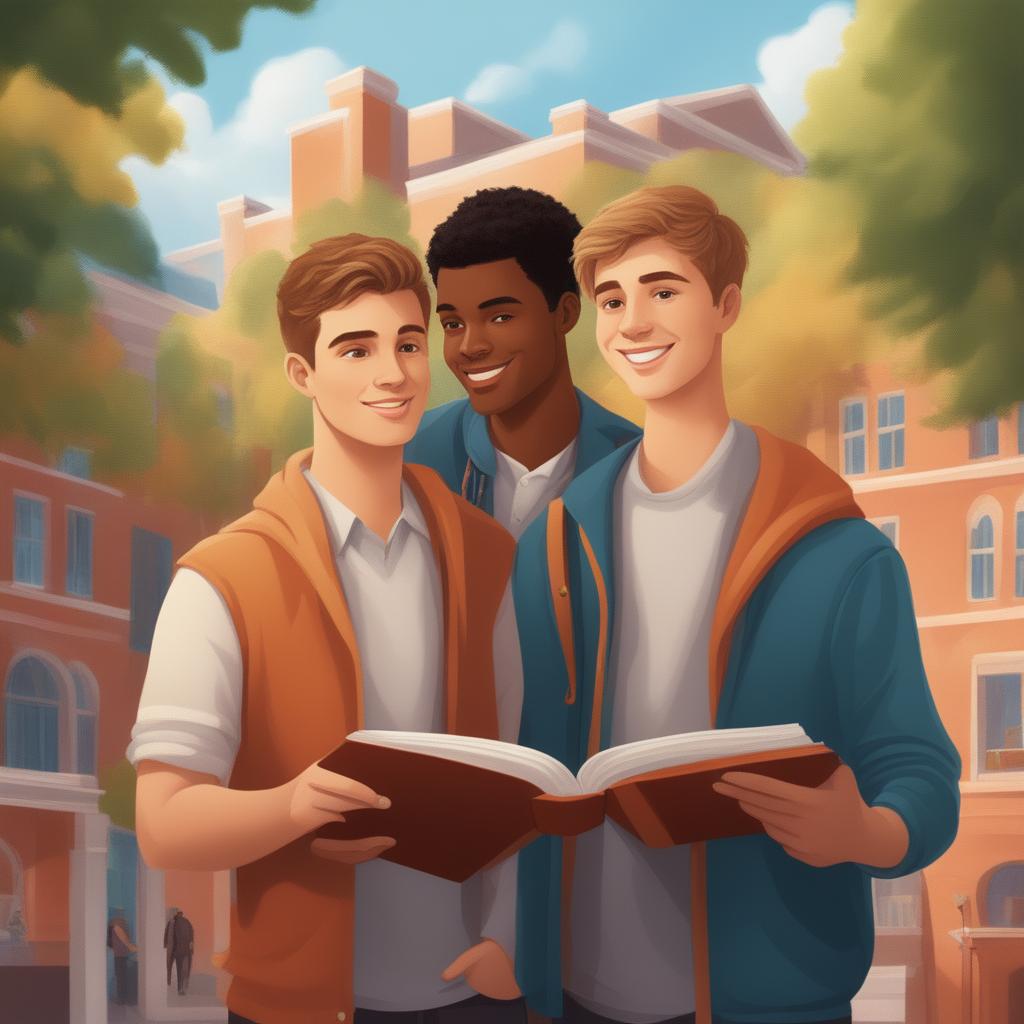 A high-quality digital illustration for a book chapter, featuring two Caucasian young men in a vibrant college setting