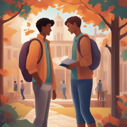 A high-quality digital illustration for a book chapter, featuring two Caucasian young men in a vibrant college setting