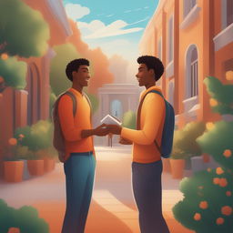 A high-quality digital illustration for a book chapter, featuring two Caucasian young men in a vibrant college setting