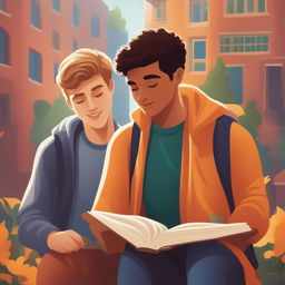 A high-quality digital illustration for a book chapter, featuring two Caucasian young men in a vibrant college setting
