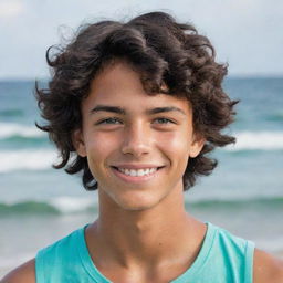 A teenage boy with wavy black hair and sea-green eyes. He has a mischievous smile, slightly tanned skin and a somewhat muscular build.