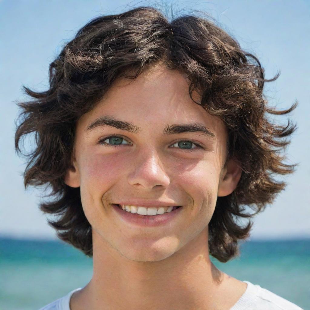 A teenage boy with wavy black hair and sea-green eyes. He has a mischievous smile, slightly tanned skin and a somewhat muscular build.