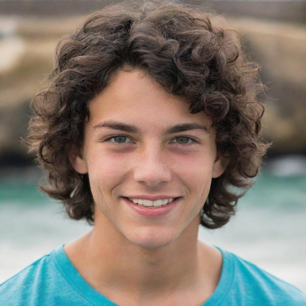 A teenage boy with wavy black hair and sea-green eyes. He has a mischievous smile, slightly tanned skin and a somewhat muscular build.