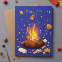 A vibrant and celebratory Lohri greeting card, containing elements like bonfire, popcorn, peanuts, and colourful kite. Include a 'Happy Lohri' text in intricate calligraphy