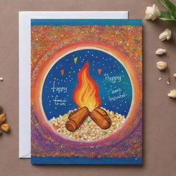 A vibrant and celebratory Lohri greeting card, containing elements like bonfire, popcorn, peanuts, and colourful kite. Include a 'Happy Lohri' text in intricate calligraphy