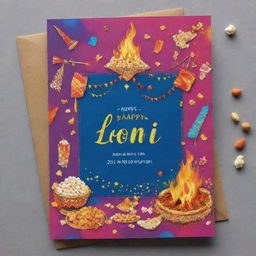 A vibrant and celebratory Lohri greeting card, containing elements like bonfire, popcorn, peanuts, and colourful kite. Include a 'Happy Lohri' text in intricate calligraphy