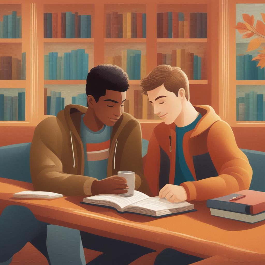 A high-quality digital illustration for a book chapter, portraying two Caucasian young men in a vibrant college setting