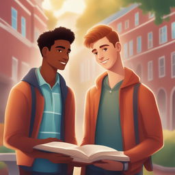 A high-quality digital illustration for a book chapter, portraying two Caucasian young men in a vibrant college setting