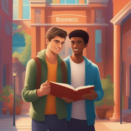 A high-quality digital illustration for a book chapter, portraying two Caucasian young men in a vibrant college setting