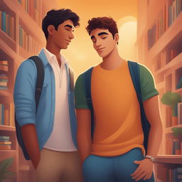 A high-quality digital illustration for a book chapter, portraying two Caucasian young men in a vibrant college setting