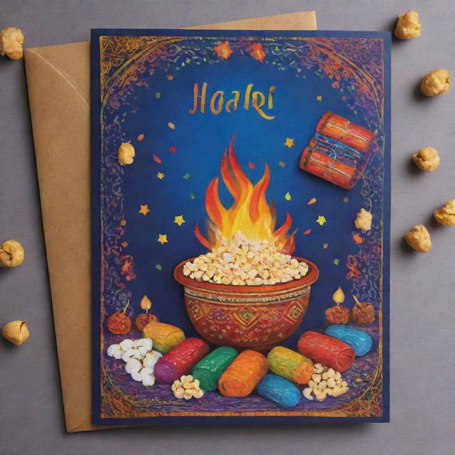 A vibrant and celebratory Lohri greeting card, containing elements like bonfire, popcorn, peanuts, and colourful kite. Include a 'Happy Lohri' text in intricate calligraphy