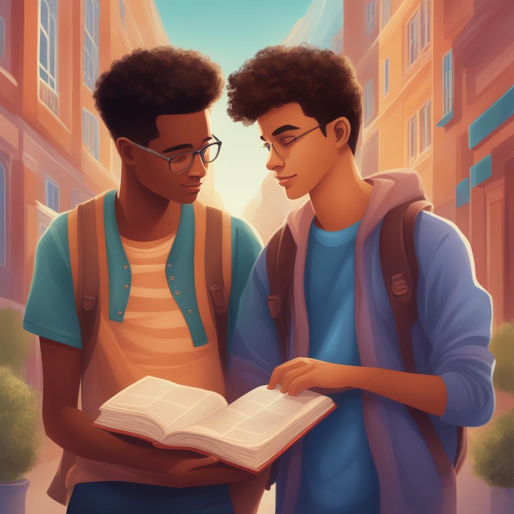 A high-quality digital illustration titled 'Bonds of Knowledge', portraying two Caucasian young men in a vibrant college setting