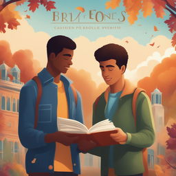 A high-quality digital illustration titled 'Bonds of Knowledge', portraying two Caucasian young men in a vibrant college setting