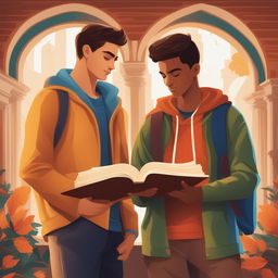 A high-quality digital illustration titled 'Bonds of Knowledge', portraying two Caucasian young men in a vibrant college setting