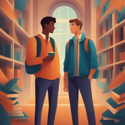A high-quality digital illustration titled 'Bonds of Knowledge', portraying two Caucasian young men in a vibrant college setting