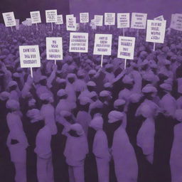 A dramatic scene depicting labor unrest with workers holding placards, in a striking and symbolic color palette dominated by shades of purple.