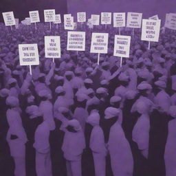 A dramatic scene depicting labor unrest with workers holding placards, in a striking and symbolic color palette dominated by shades of purple.