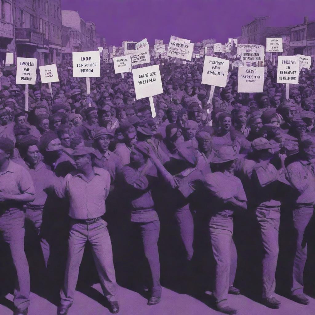 A dramatic scene depicting labor unrest with workers holding placards, in a striking and symbolic color palette dominated by shades of purple.