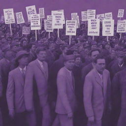 A dramatic scene depicting labor unrest with workers holding placards, in a striking and symbolic color palette dominated by shades of purple.