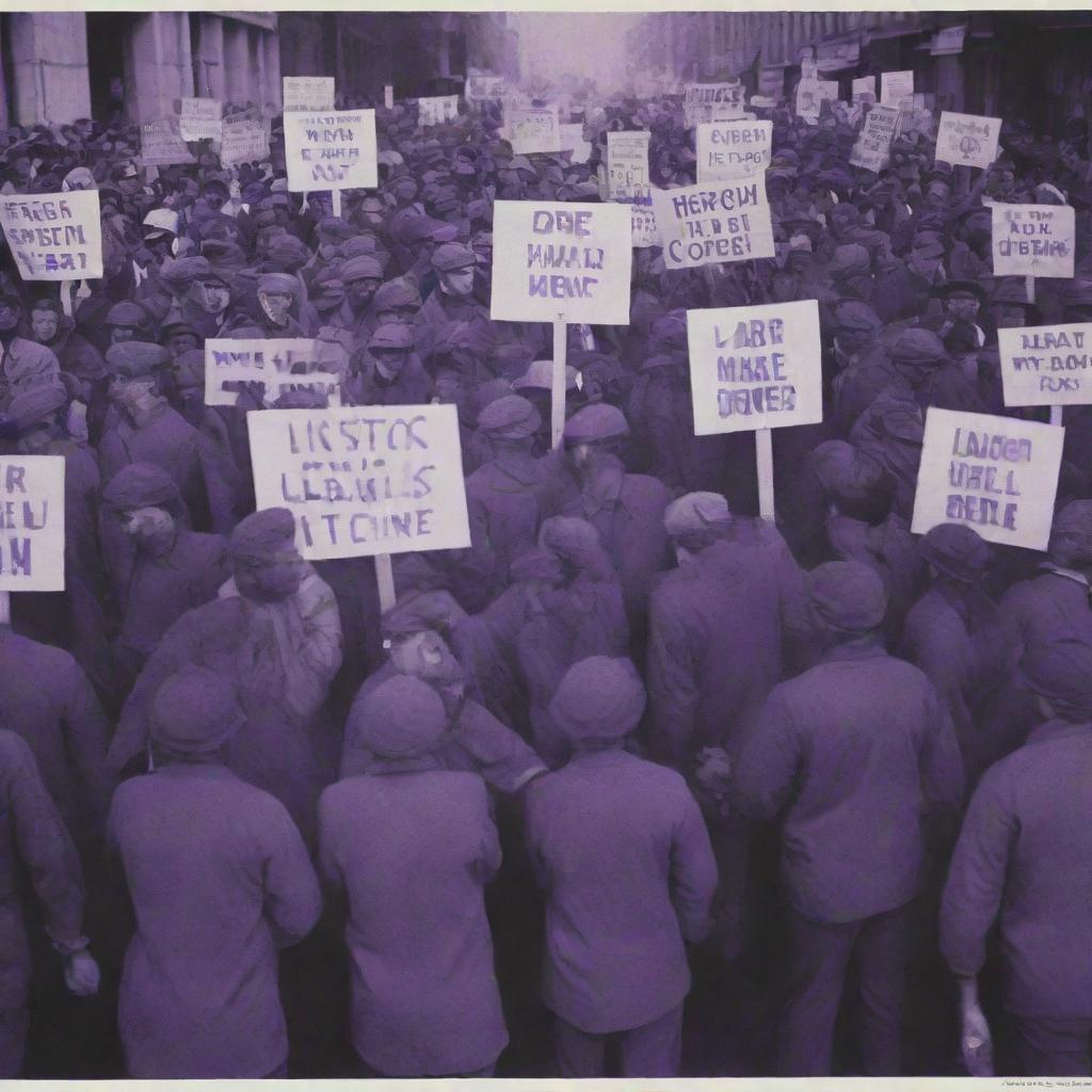 A dramatic scene depicting labor unrest with workers holding placards, in a striking and symbolic color palette dominated by shades of purple.