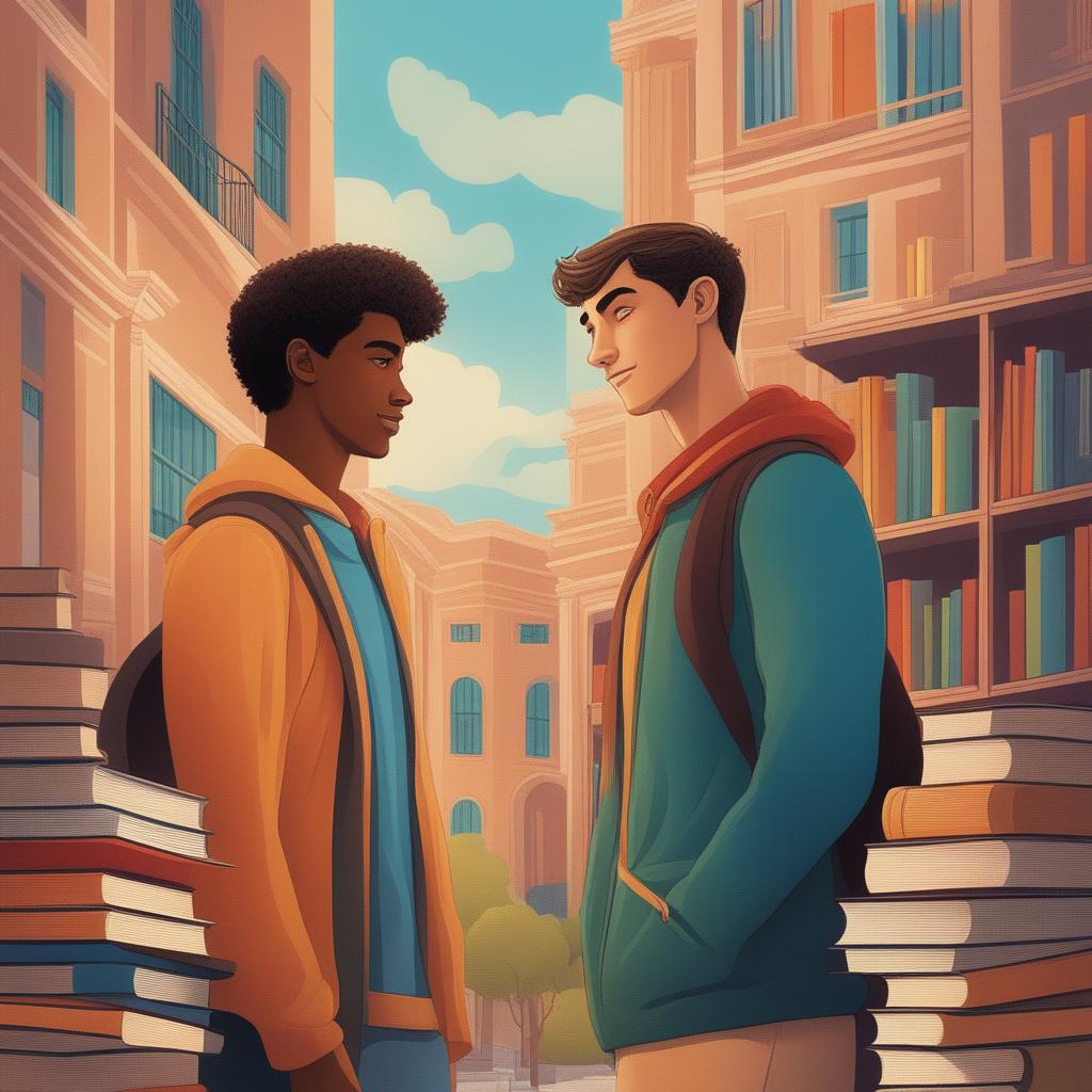 A high-quality digital illustration titled 'Bonds of Knowledge', portraying two Caucasian young men in a vibrant college setting