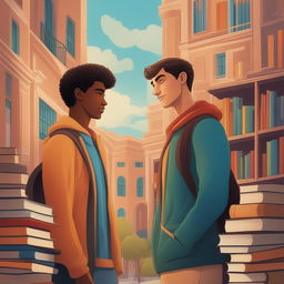 A high-quality digital illustration titled 'Bonds of Knowledge', portraying two Caucasian young men in a vibrant college setting