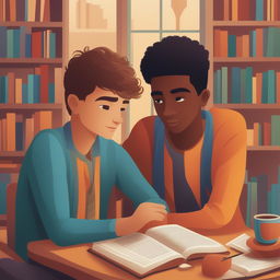 A high-quality digital illustration titled 'Bonds of Knowledge', portraying two Caucasian young men in a vibrant college setting