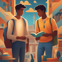 A high-quality digital illustration titled 'Bonds of Knowledge', portraying two Caucasian young men in a vibrant college setting