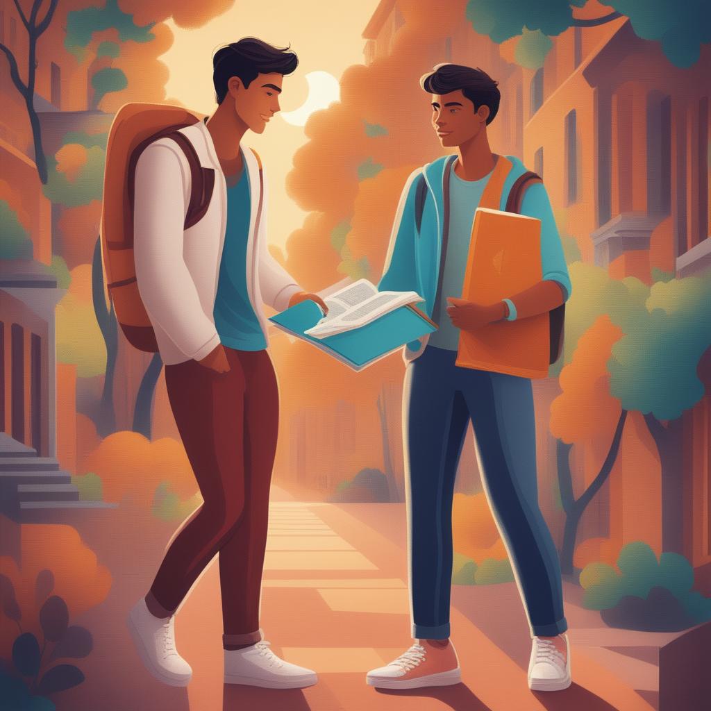 A high-quality digital illustration titled 'Bonds of Knowledge', portraying two Caucasian young men in a vibrant college setting